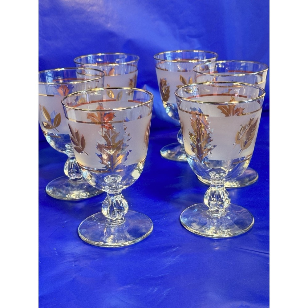 Set of 6 Vintage Libby Frosted Water Goblets with Gold Leaves And Gold‎ Rim